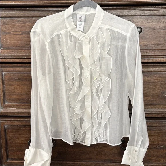 NWT $109 Cabi #4537 Noble Blouse L White Silky Ruffle Fall 2023 Long Sleeves - Picture 5 of 7